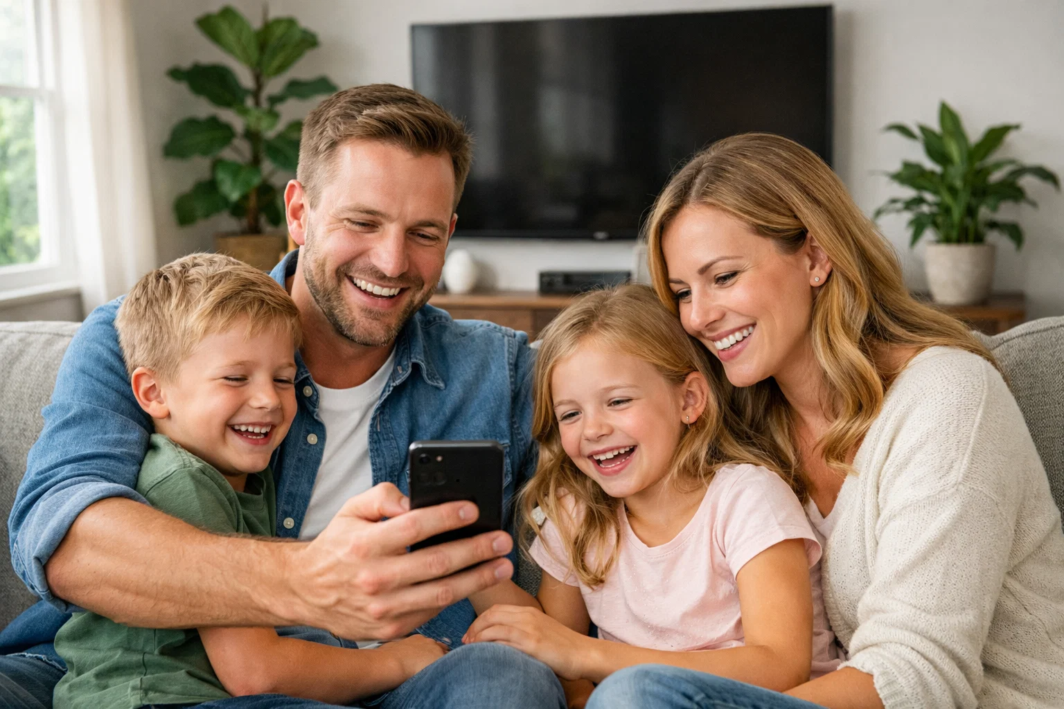 Happy family using their free government phone together